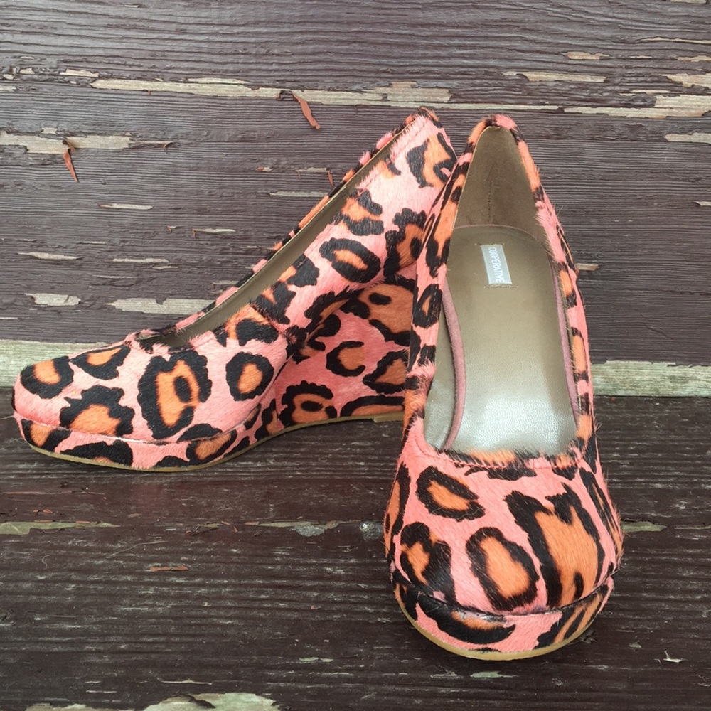 Leopard print faux fur heels